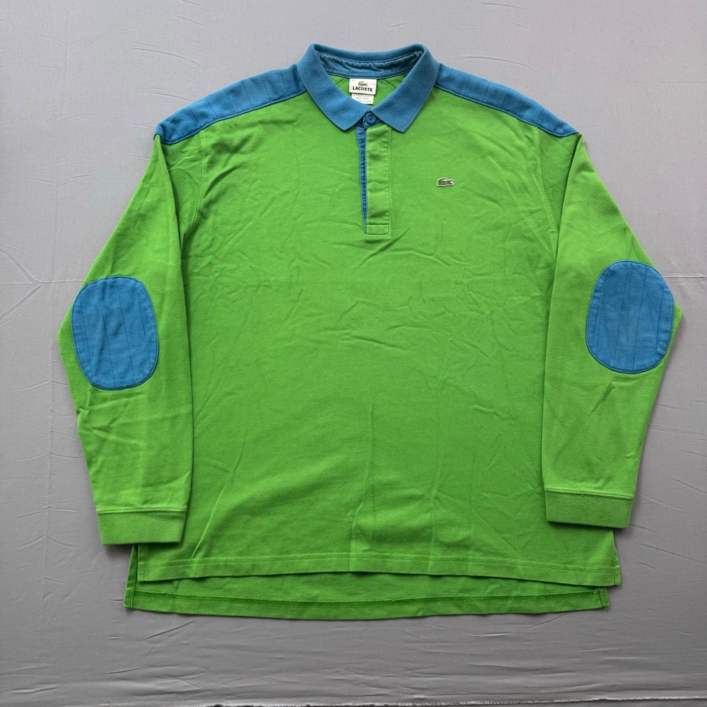 Lacoste Mens XL Long Sleeve Polo Shirt Green Blue Elbow Patch Quilted‎ Shoulder